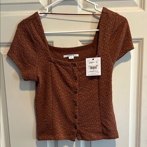 Brown Textured Button-Up Top